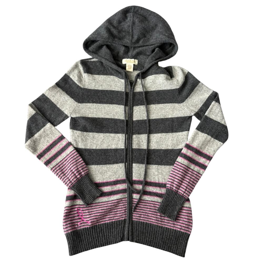 Peck & Peck Cashmere Hoodie Sweater S Gray Pink Stripe Emo Cozy Soft Ribbon
